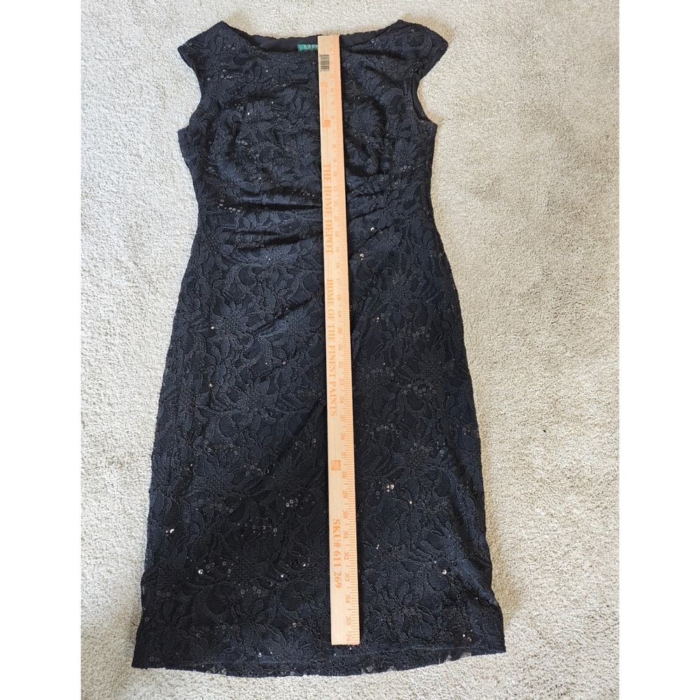 Lauren Ralph Lauren Lace Sequin Sheath Dress Womens 8 Black Ruched Wedding LBD - Picture 5 of 8